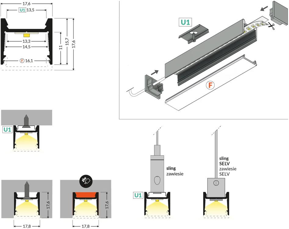 LED juostos profilis HOOD14 F/UI, juodas, 2m