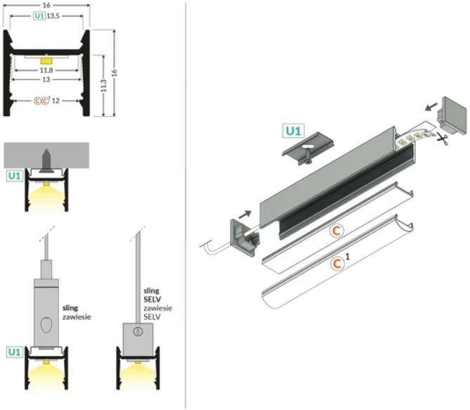 LED juostos profilis LEVEL12 C/U1, anoduoto aliuminio, 2m