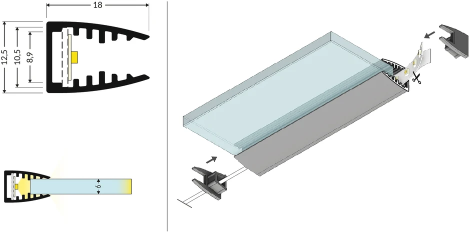 LED juostos profilis MIKRO10, anoduotas aliuminis, 4m, su plokštele LED juostos montavimui