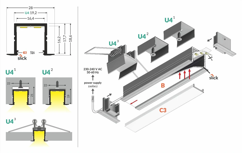 LED juostos profilis SMART-IN16 BC3/U4, baltas, 3m