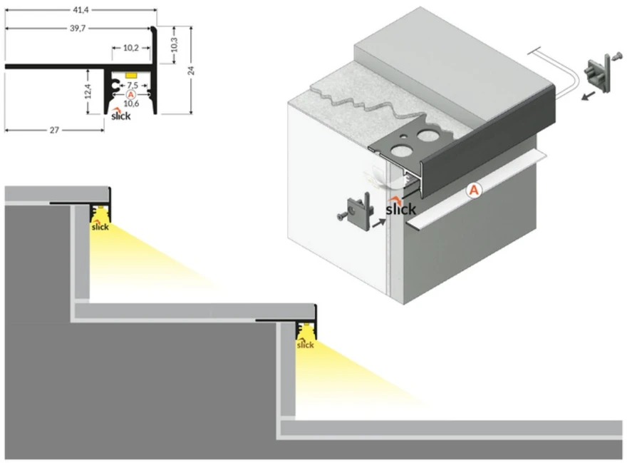 LED juostos profilis UP-TILE10 A, anoduotas aliuminis, 3m