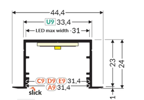 LED juostos profilis VARIO30-07 ACDE-9/U9, juodas, 2m