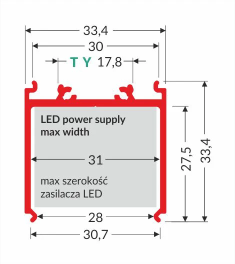 LED juostos profilis VARIO30-08, skirtas maitinimo šaltiniui uždengti, neanoduotas aliuminis, 2m