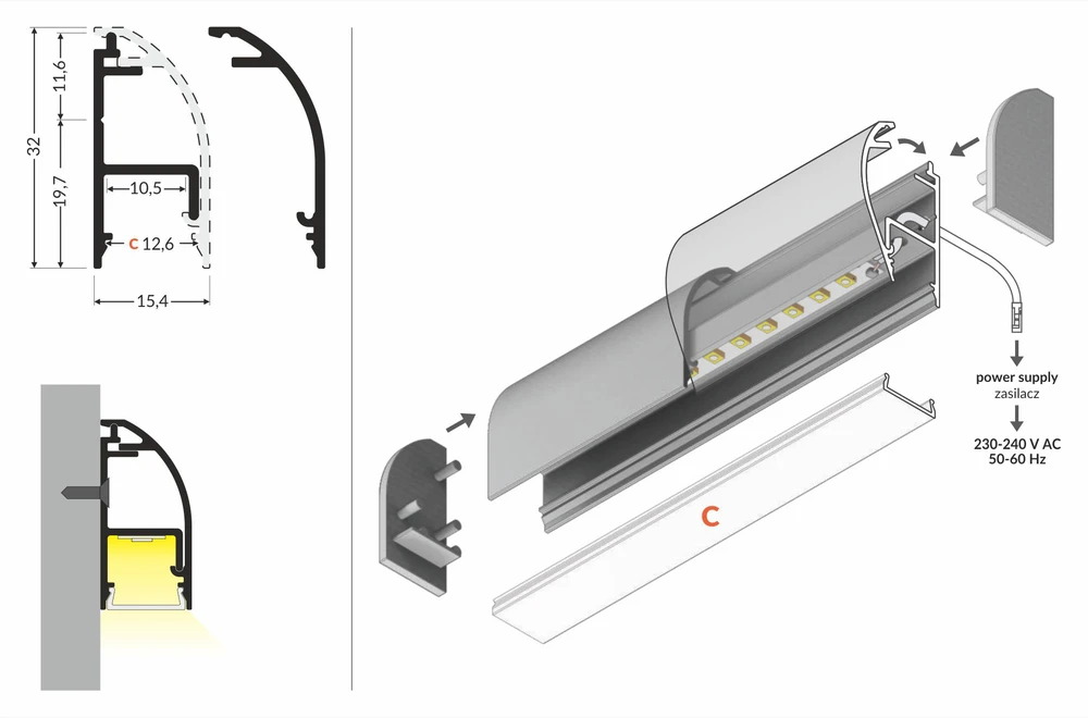 LED juostos profilis WAY10 C, anoduotas aliuminis, 2m