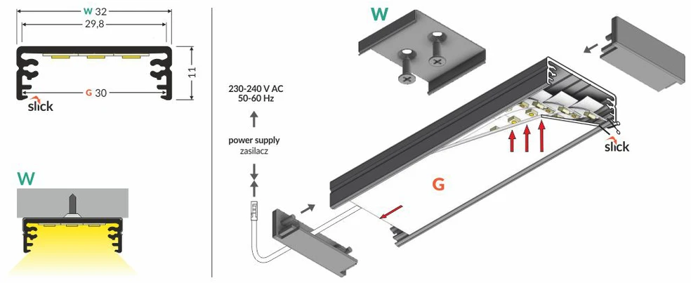 LED juostos profilis WIDE24 G/W, juodas, 2m