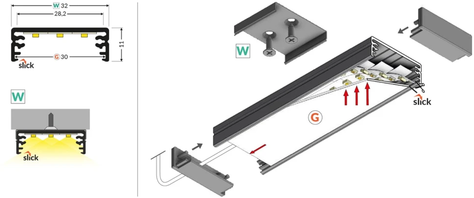 LED juostos profilis WIDE24 G/W, neanoduotas aliuminis, 2m