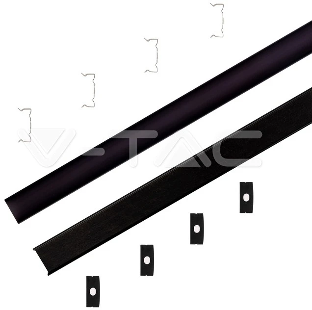 V-tac LED paviršinis profilis, juodas, 2m, su dangteliu ir montavimo priedais