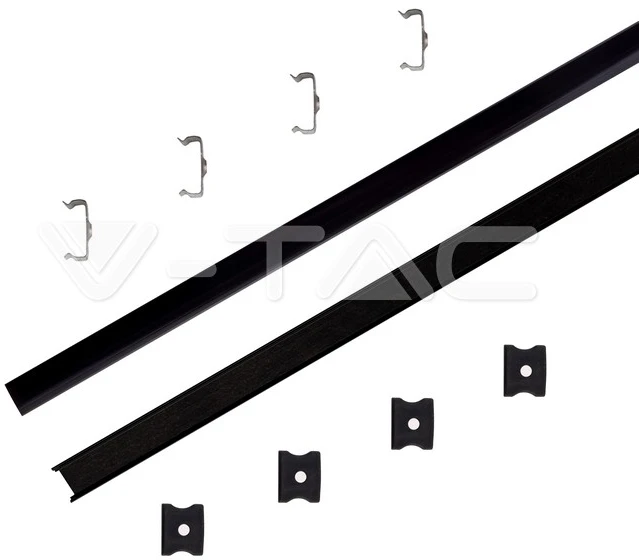 V-tac LED paviršinis profilis, juodas, 2m, su dangteliu ir montavimo priedais