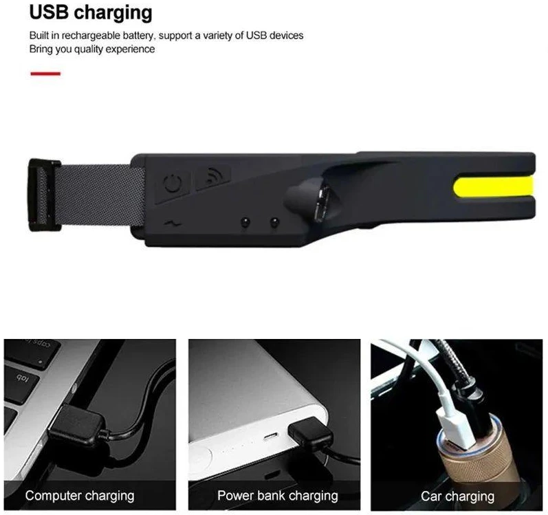 Hurtel LED priekinis žibintas su IPX4 judesio jutikliu USB-C 1200 mAh - juodas