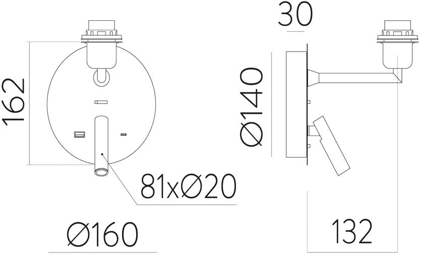 LED sieninis šviestuvas STILO, E27, baltas, su 3W 3000K LED skaitymo šviestuvėliu ir USB bei USB C jungtimis, A8202083BSP