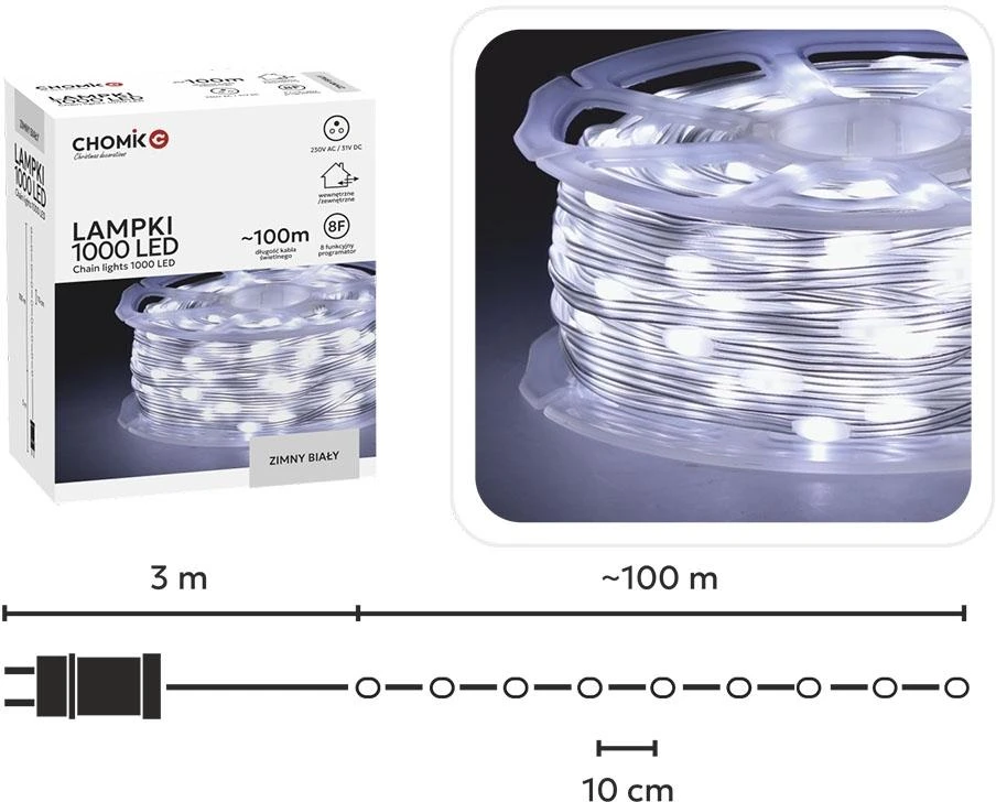 LED švieselių girlianda ant ritės 1000 LED, 100 m, šaltai balta