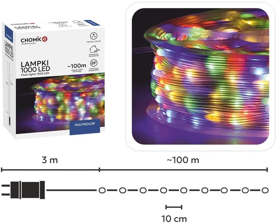 LED švieselių girlianda ant ritės 1000 LED, 100 m, multicolor