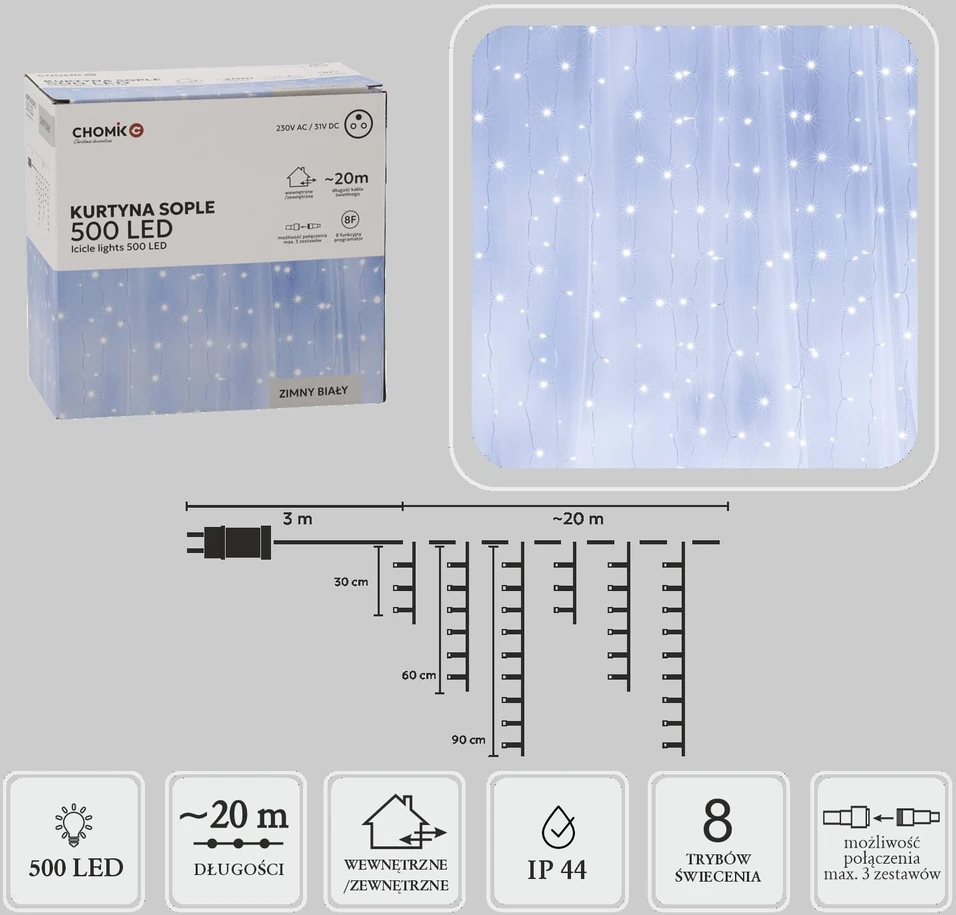 LED varveklių užuolaida, 500 LED, 20 m, šaltai balta