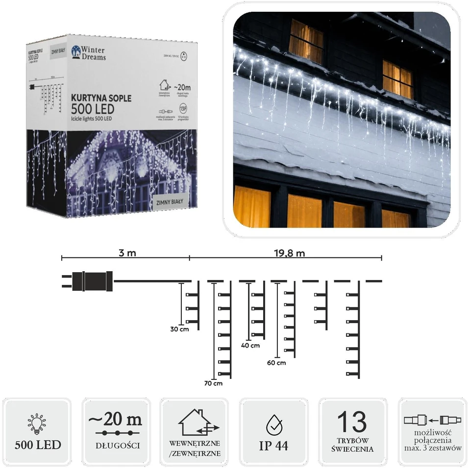 LED varveklių užuolaida, 500 LED, 20 m, šaltai balta