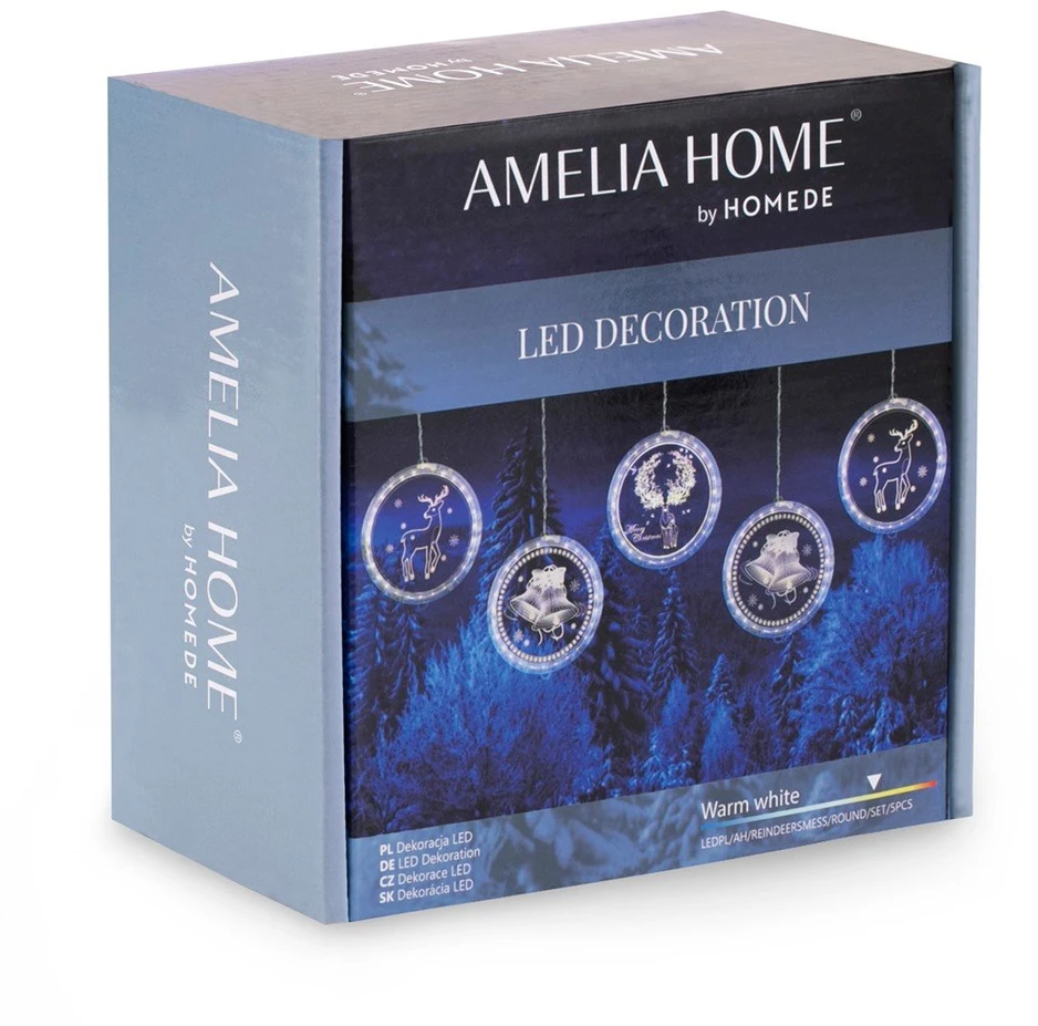 AmeliaHome LED vitražas apvalūs žaisliukai su elniais, rinkinys 5 vnt