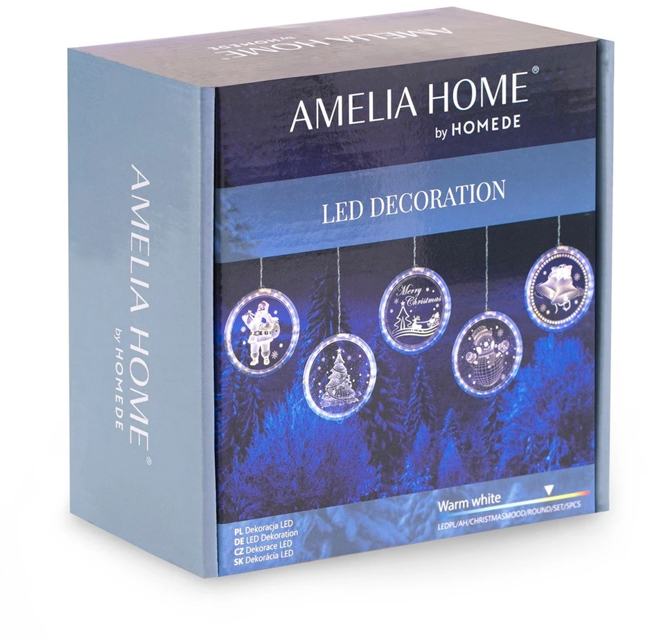 AmeliaHome LED vitražiniai apvalūs kalėdiniai žaisliukai CHRISTMASMOOD, rinkinys 5 vnt