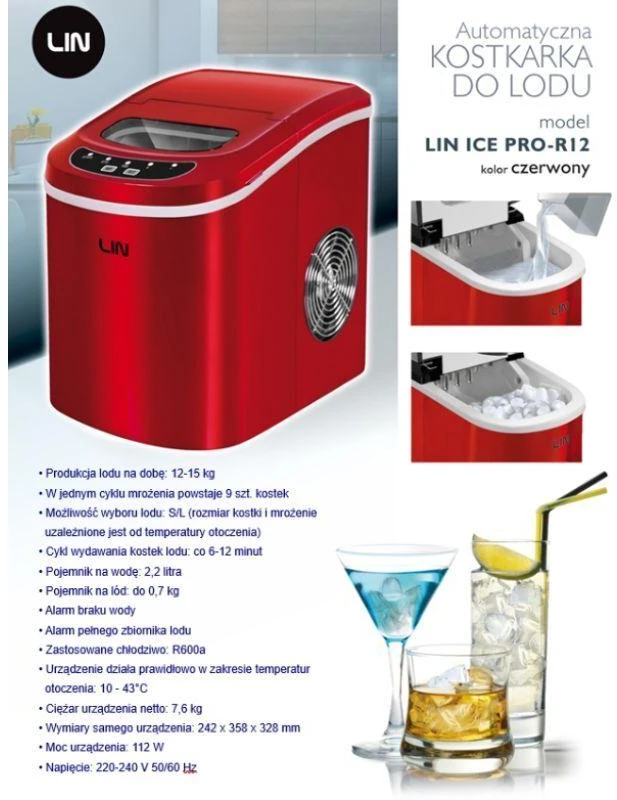 Nešiojamasis ledo kubelių gaminimo aparatas LIN ICE PRO-R12, raudonas