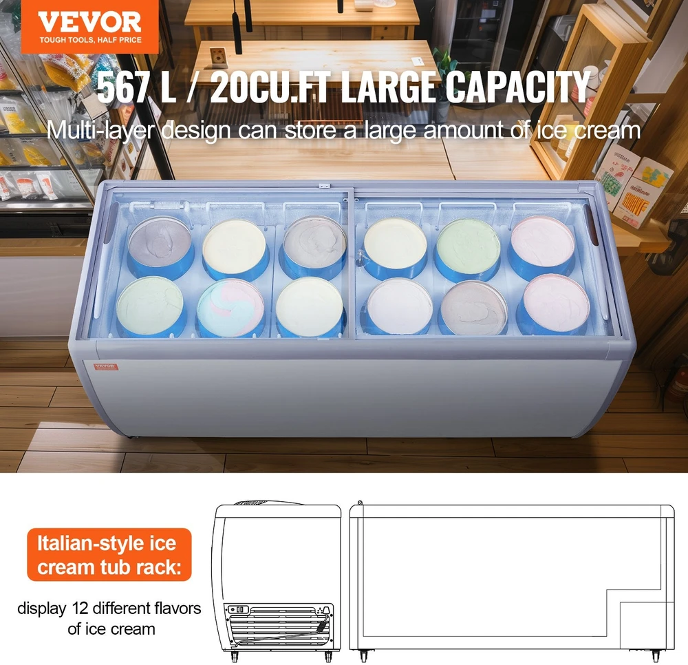 Šaldiklis VEVOR 567 l ledų vitrininė šaldiklė