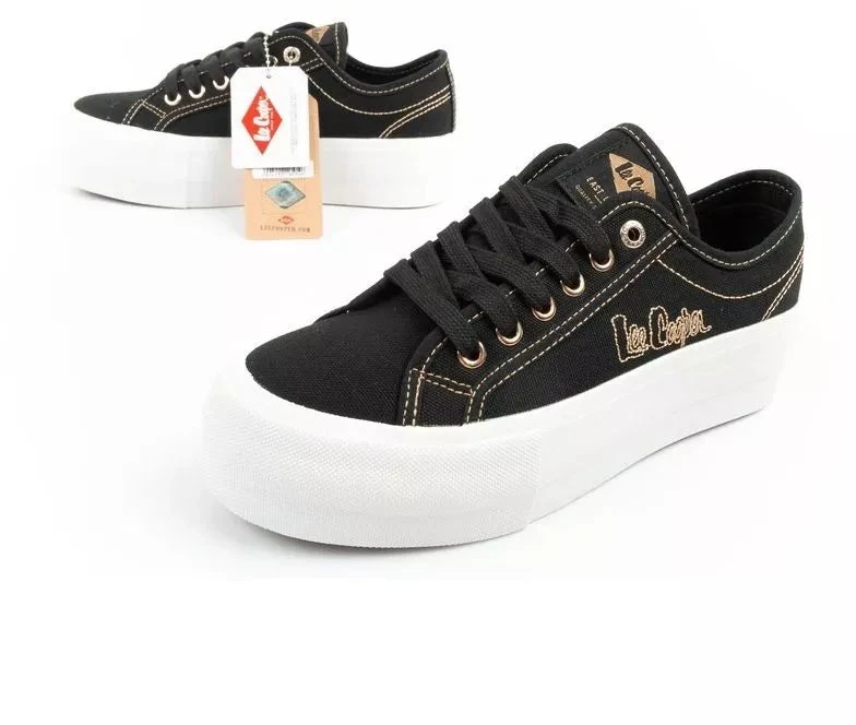 Lee Cooper moteriški platforminiai kedai, juodi su aukso detalėmis