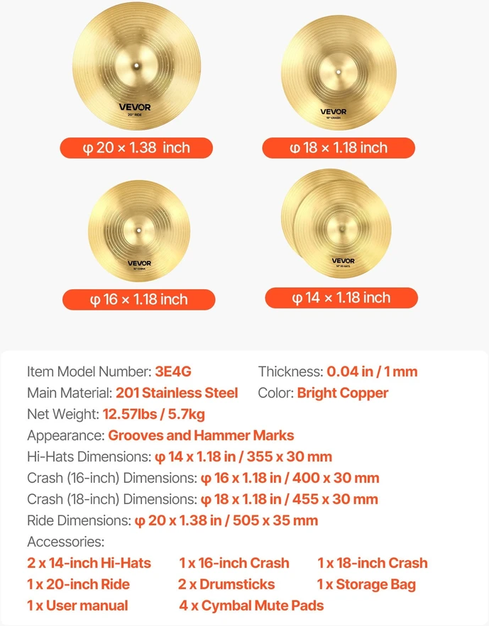 VEVOR Būgnų lėkščių komplektas 4 vnt. 14-20 cm
