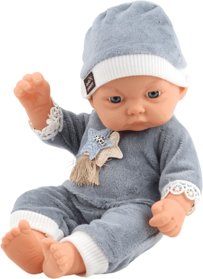 Lean Toys Lėlė kūdikis su pilka pižama ir kepuryte 24 cm