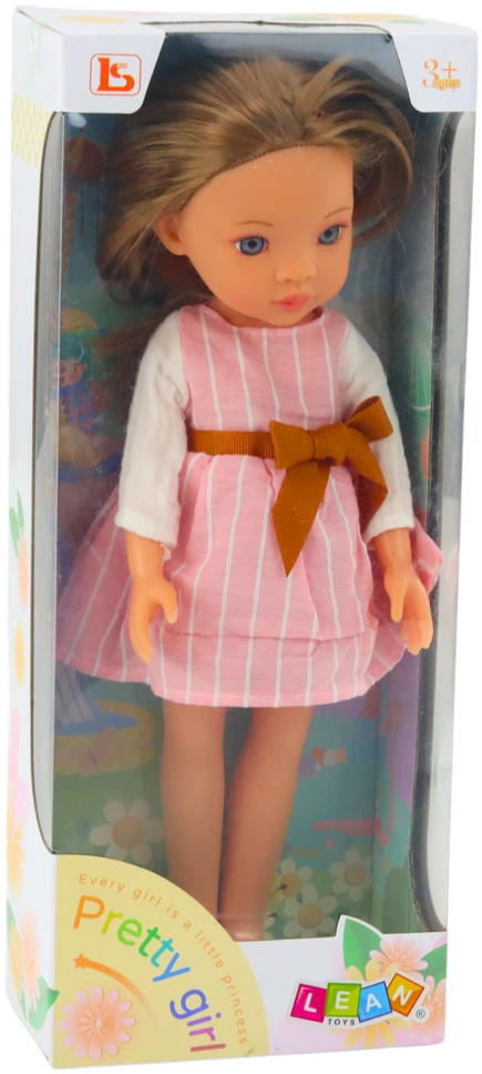Lean Toys Lėlė su rausva suknele ir kaspinu, ilgi rudi plaukai