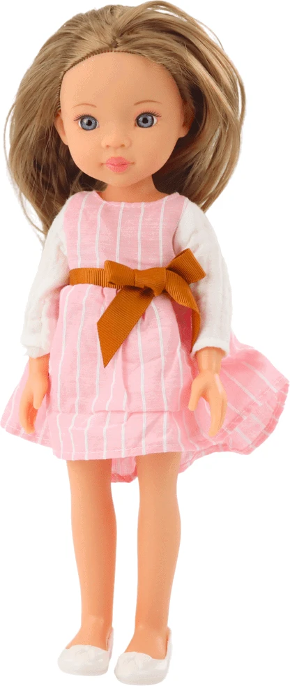 Lean Toys Lėlė su rausva suknele ir kaspinu, ilgi rudi plaukai
