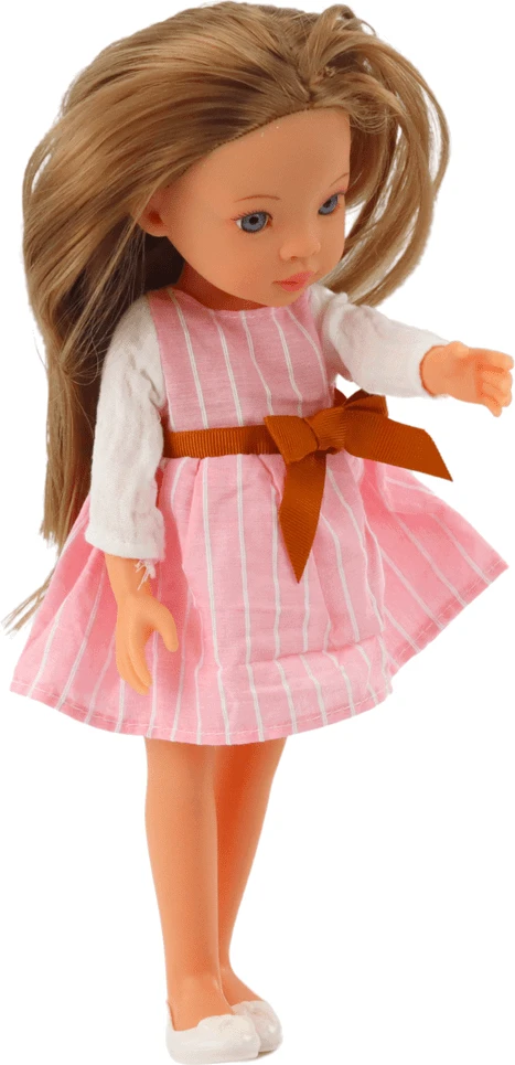 Lean Toys Lėlė su rausva suknele ir kaspinu, ilgi rudi plaukai