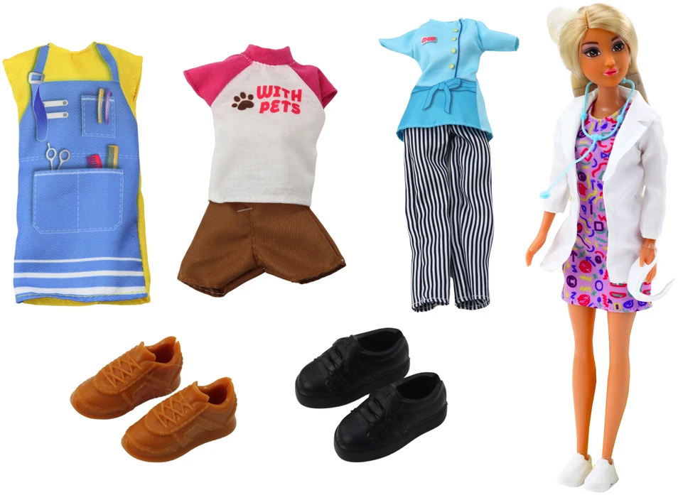 Lean Toys Lėlė Anlily su priedais: gydytoja, kirpykla, virėja