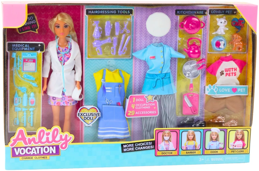Lean Toys Lėlė Anlily su priedais: gydytoja, kirpykla, virėja