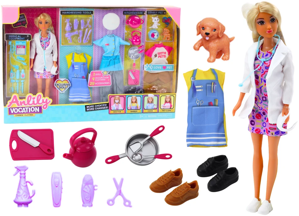 Lean Toys Lėlė Anlily su priedais: gydytoja, kirpykla, virėja