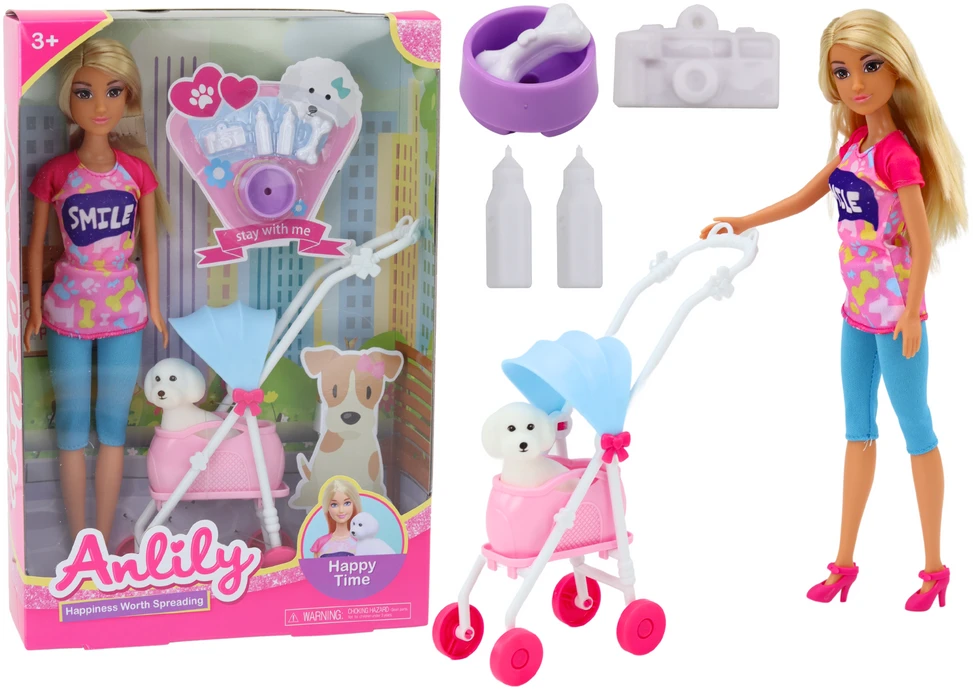 Lean Toys Anlily lėlė su vežimėliu ir šunimi