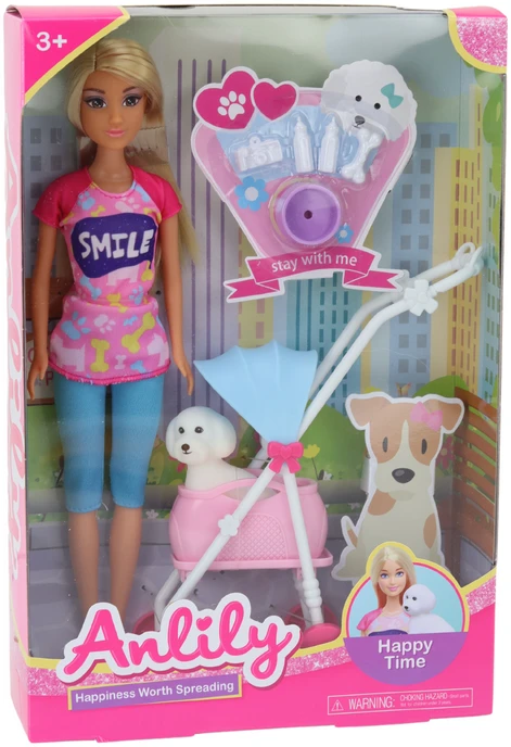Lean Toys Anlily lėlė su vežimėliu ir šunimi