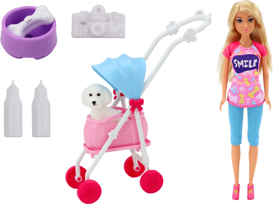 Lean Toys Anlily lėlė su vežimėliu ir šunimi