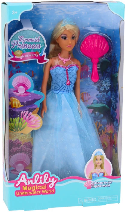 Lean Toys Anlily undinėlė princesė su mėlyna suknele ir šepetėliu