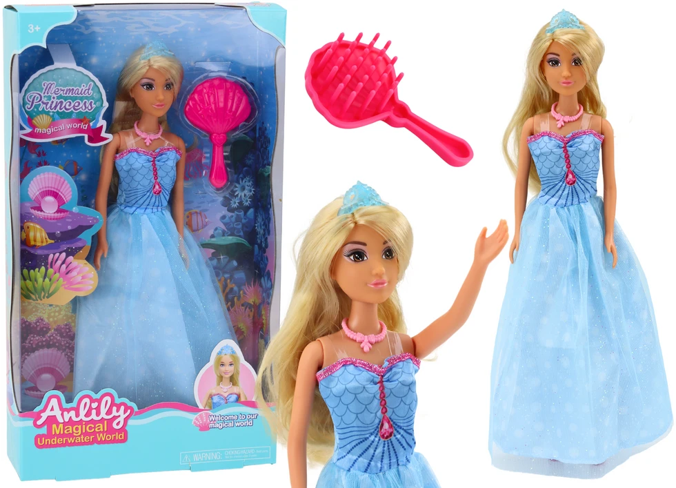 Lean Toys Anlily undinėlė princesė su mėlyna suknele ir šepetėliu