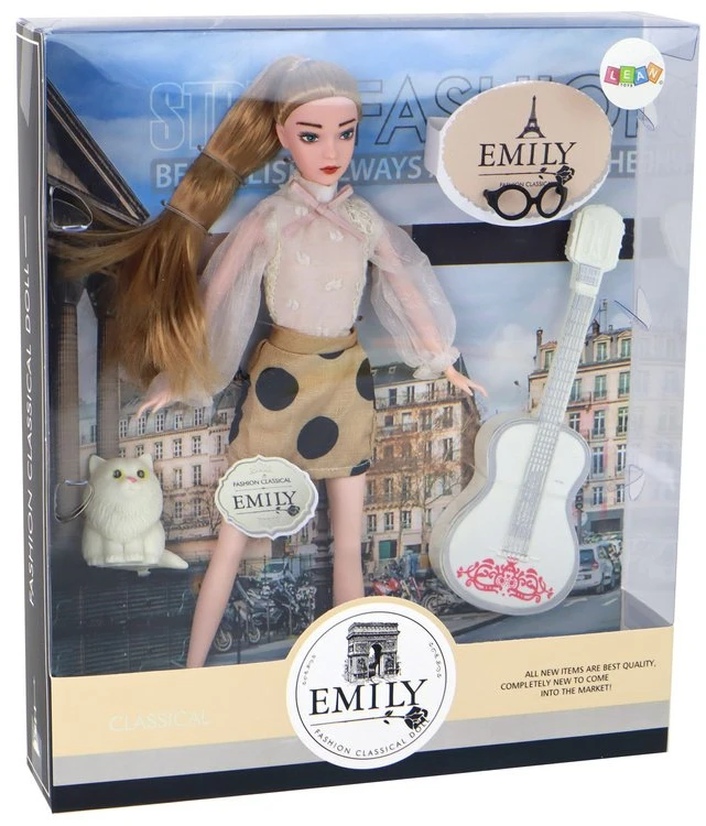 Lėlė vaikams Emily su gitara, akiniais ir kačiuku