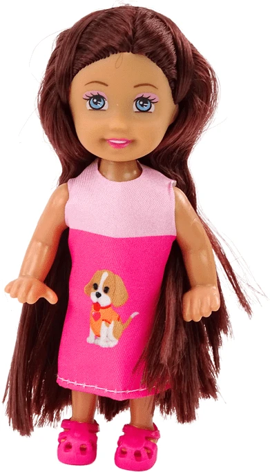 Lean Toys Lėlė su ilgais plaukais ir trimis šuniukais guolyje