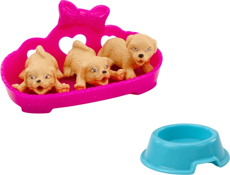 Lean Toys Lėlė su ilgais plaukais ir trimis šuniukais guolyje