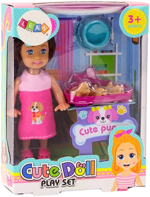 Lean Toys Lėlė su ilgais plaukais ir trimis šuniukais guolyje