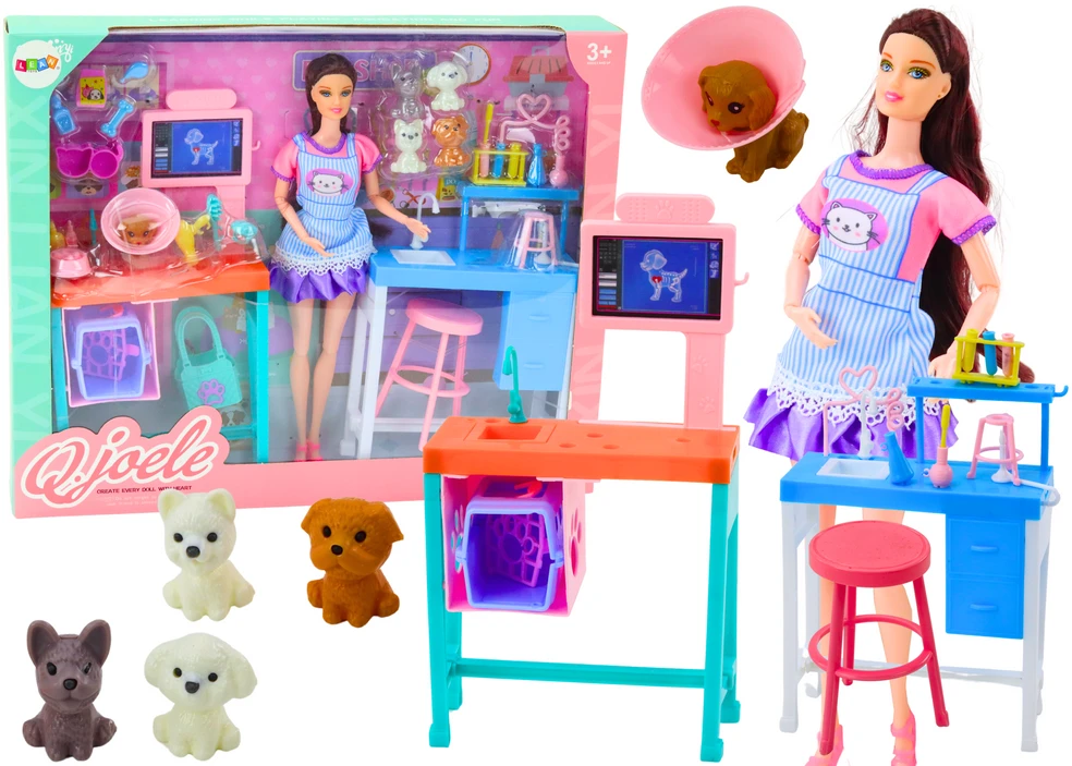 Lean Toys Lėlių veterinarijos priežiūros rinkinys su biuro baldais ir gyvūnais