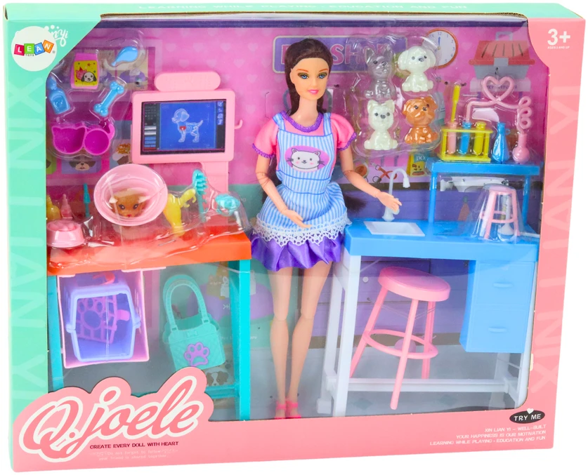 Lean Toys Lėlių veterinarijos priežiūros rinkinys su biuro baldais ir gyvūnais