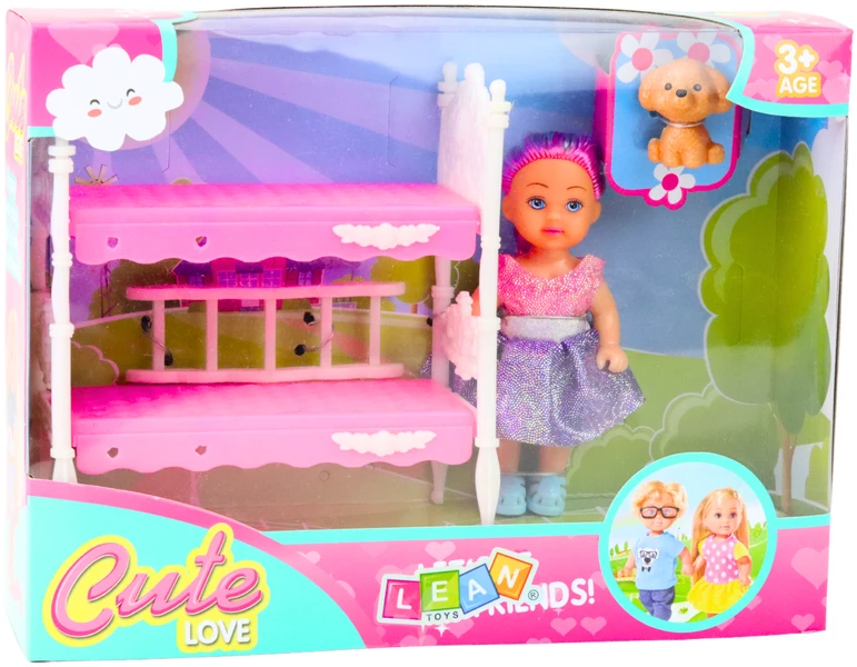 Lean Toys Lėlė su dviaukšte lova ir šuneliu