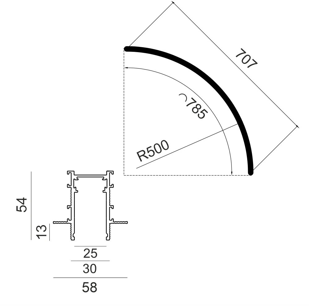 Lenktas magnetinės sistemos IN_LINE bėgelis, baltas, R500mm