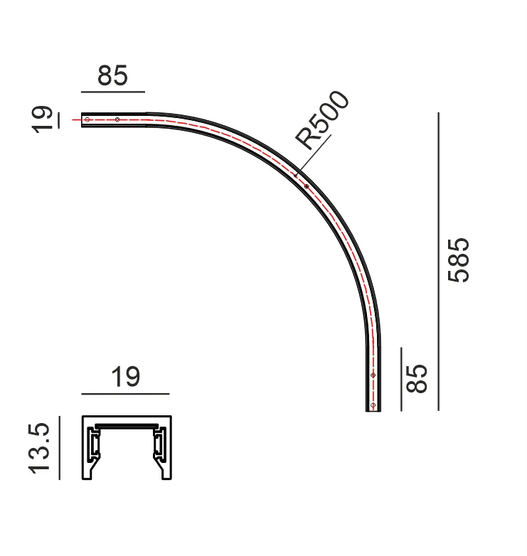 Lenktas paviršinis magnetinės sistemos bėgelis MINI_LINE ARC S HR, 42V, juodas, R500mm