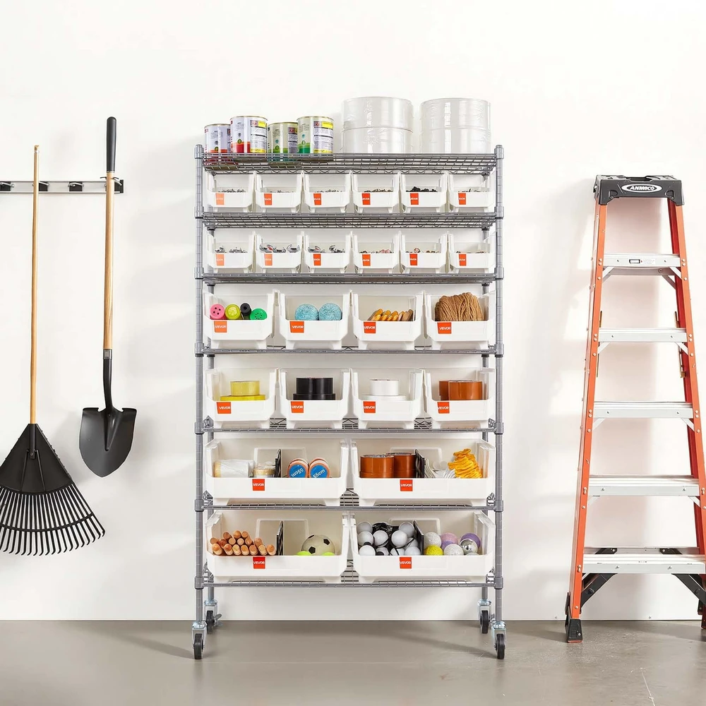 VEVOR 7 lygių riedančių dėžių laikiklis su 24 dėžėmis