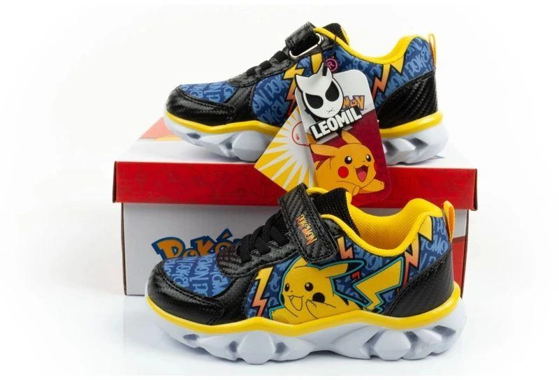 Leomil vaikiški sportiniai bateliai Pokemon lengvi su lipukais LED juodi geltoni