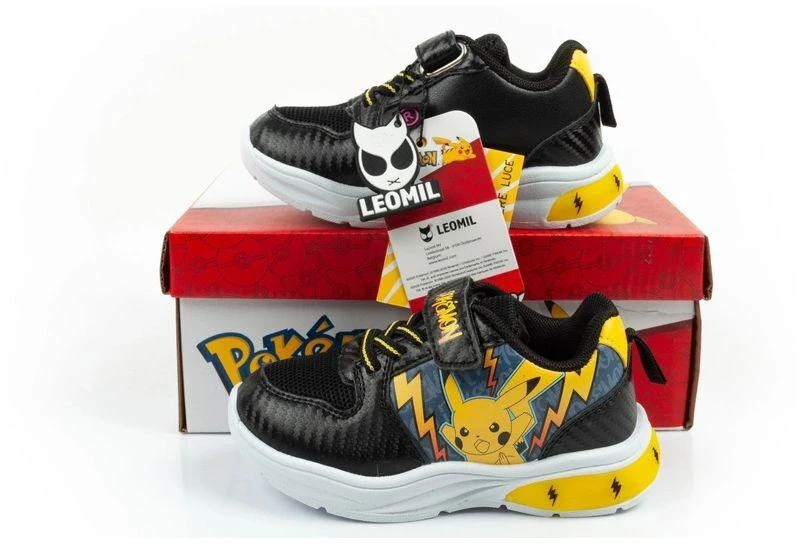Leomil vaikiški sportiniai bateliai Pokemon lengvi su lipukais LED juodi geltoni