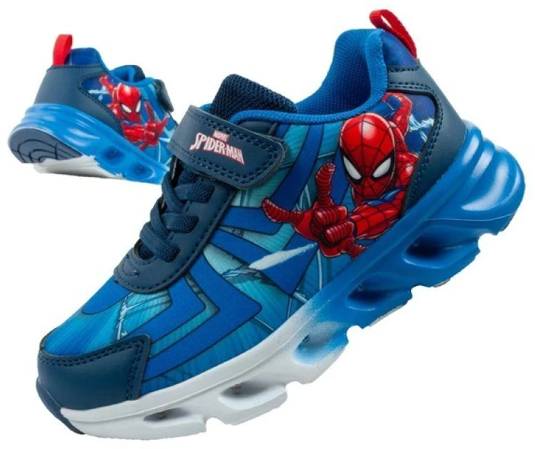 Leomil vaikiški sportiniai bateliai Spiderman lengvi su „velcro“ užsegimu ir LED lemputėmis, mėlyni