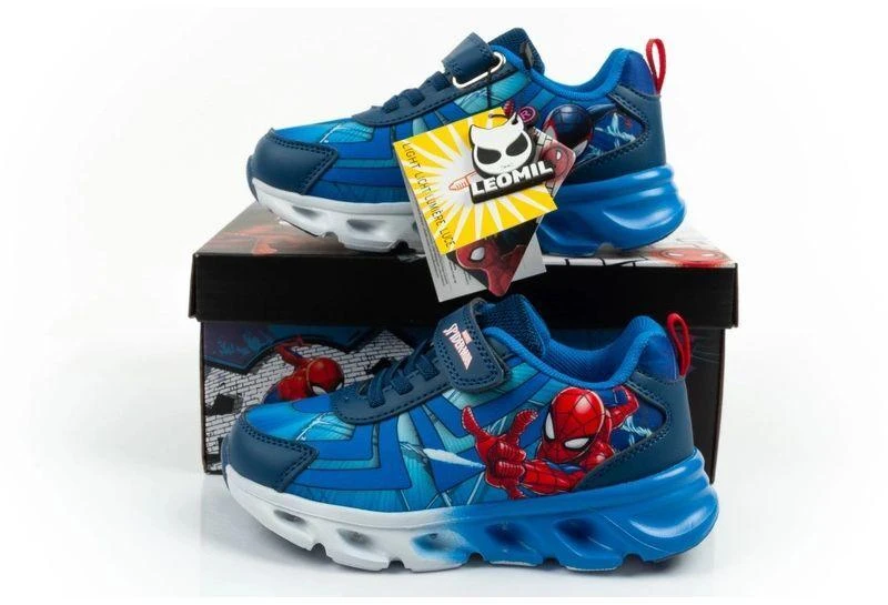 Leomil vaikiški sportiniai bateliai Spiderman lengvi su „velcro“ užsegimu ir LED lemputėmis, mėlyni
